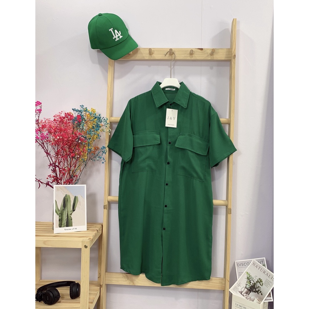 Váy sơ mi túi hộp dáng suông màu xanh - váy suông nữ form rộng khuy trước kiểu sơ mi màu xanh trendy SIÊU HOT