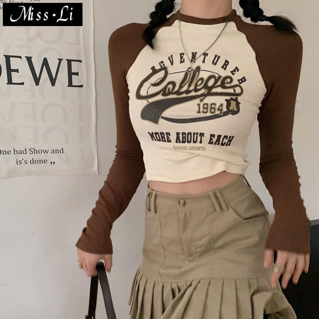 Áo Thun Dài Tay Ôm Dáng In Chữ Phong Cách Retro Mỹ Cho Nữ