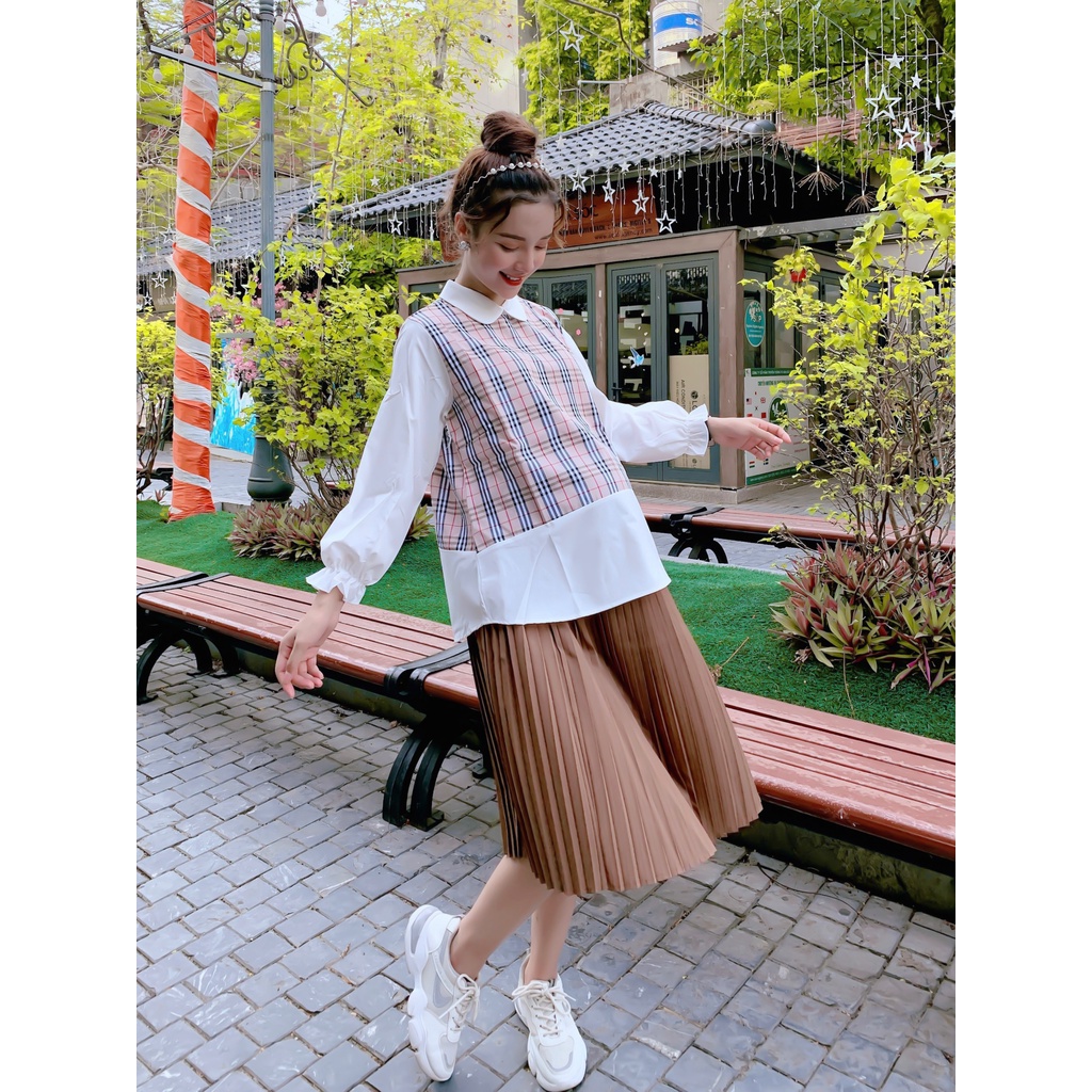 Áo bầu thiết kế phối kẻ dài tay