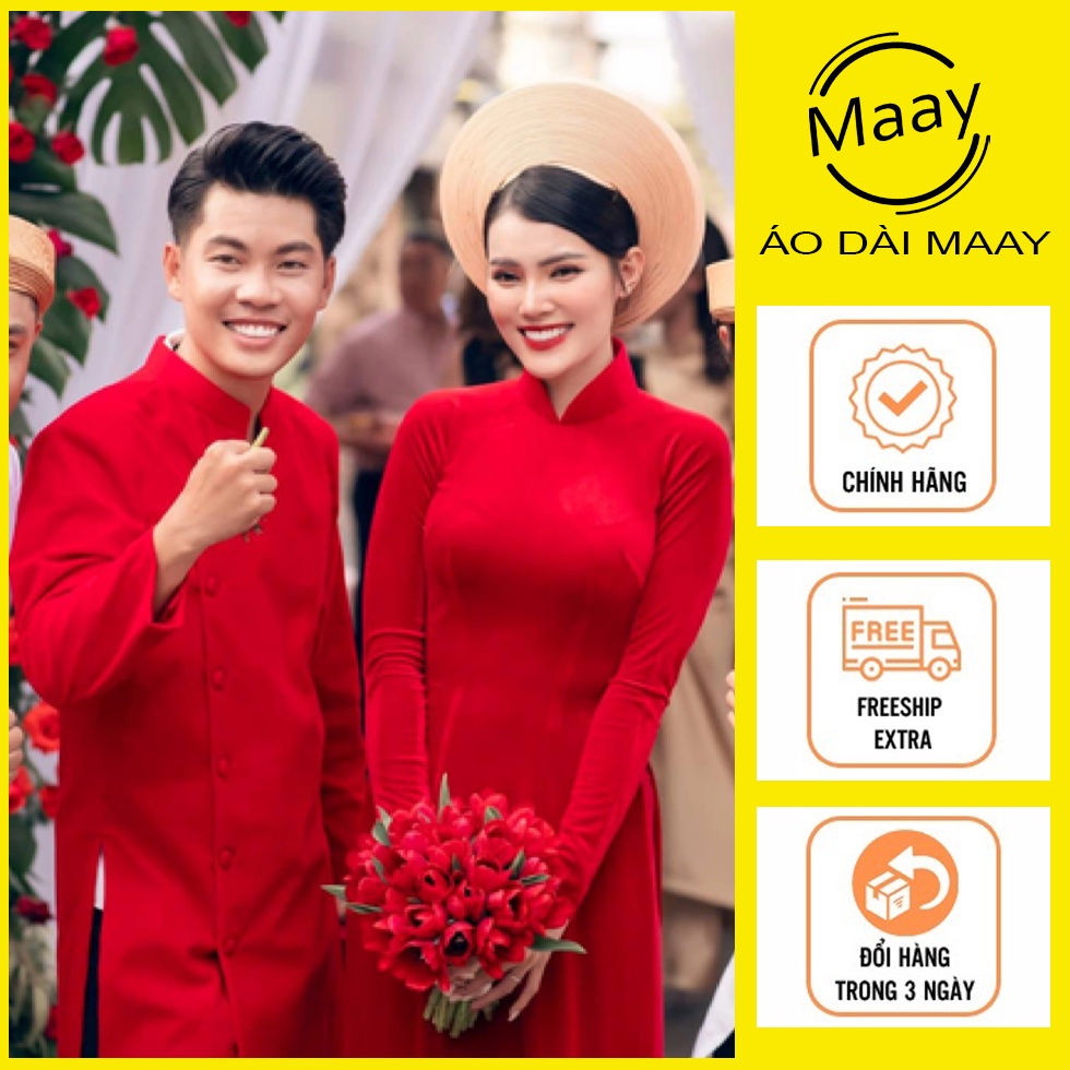 Áo dài cưới cặp đôi cô dâu chú rể may sẵn áo dài nhung đỏ đẹp sang trọng MAAY