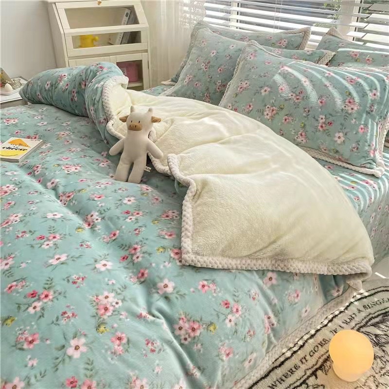 💕freeship🌈 Bộ chăn ga gối nỉ sữa viền bông ấm áp❤️ set vỏ 4 món loại 1 hàng nhập- may chun theo yêu cầu