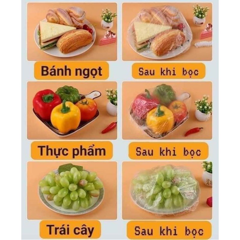 Set 100 màng bọc thực phẩm túi gấu, màng bọc thực phẩm PE có chun bọc đồ ăn co giãn tái sử dụng nhiều lần