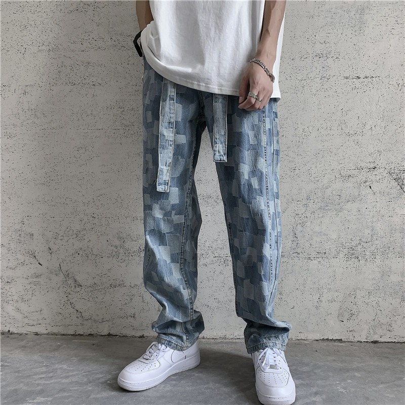 [có sẵn]Quần jeans họa tiết kèm dây lưng phong cách hiphop J8