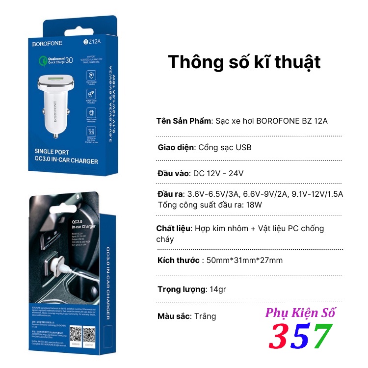Tẩu sạc nhanh Borofone BZ12A sạc nhanh 18W trên xe ô tô