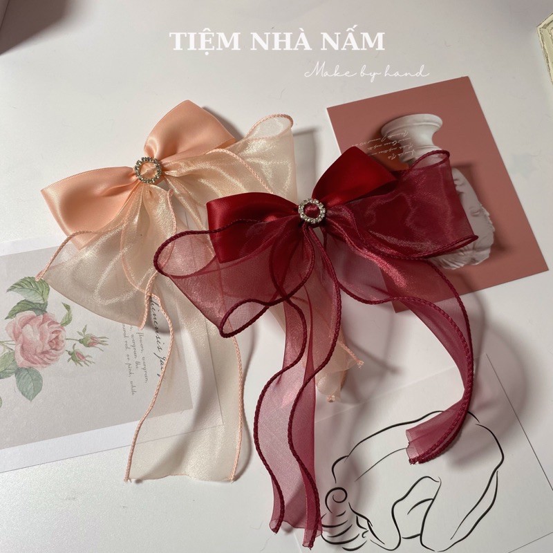 🎀 KẸP TÓC NƠ BÈO NHÚN TIỂU THƯ HÀN QUỐC PHỐI ĐÁ -[ Nhà Nấm handmade ]