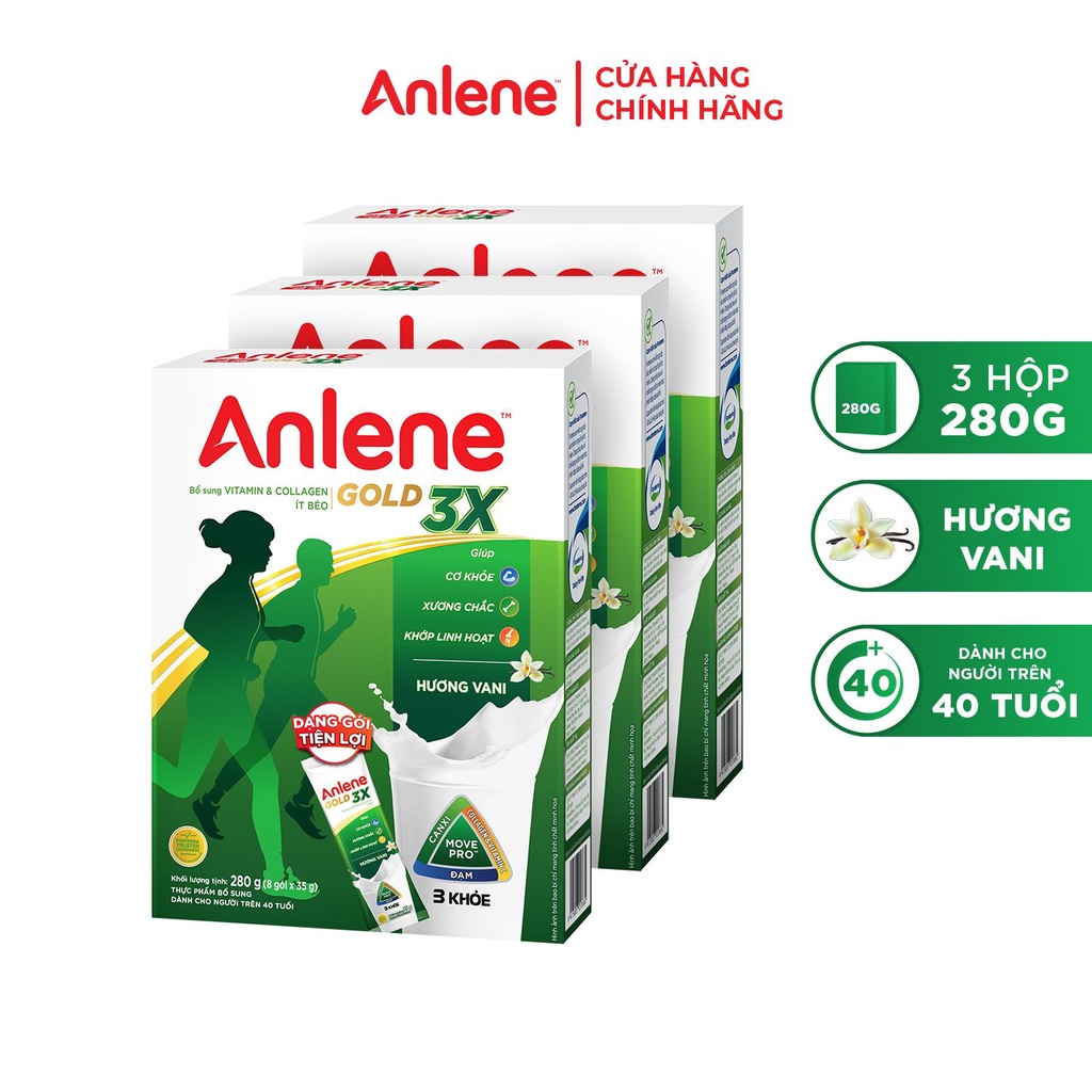 Combo 3 Sữa bột Anlene Gold Movepro hộp tiện lợi hương vani 8 gói x 35g