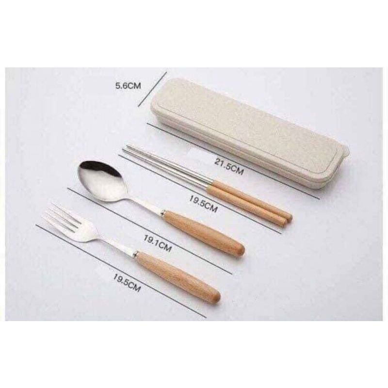 [Có Clip Thật]Bộ Thìa Đũa Dĩa Inox Cán Gỗ Lúa Mạch Có Hộp Đựng Cao Cấp