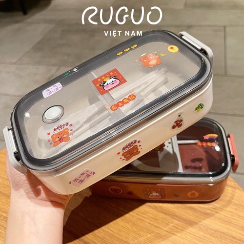 Hộp Cơm Văn Phòng Giữ Nhiệt 1 Tầng Sticker Kèm Đũa Thìa Nhỏ Gọn Dễ Dàng Mang Đi, Quay Được Trong Lò Vi Sóng