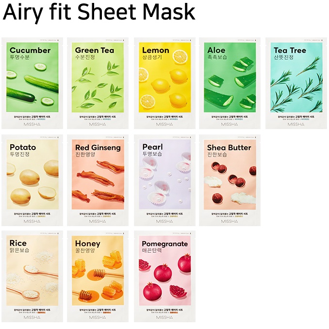 [Missha]🚀READY🚀 Airy fit sheet mask - 5 sheets / 12 type (Green Tea, Lemon, Aloe, Potato, Red Ginseng, Pearl, Shea Butter, Rice, Honey, Pomegranate, Cucumber, Tea Tree)