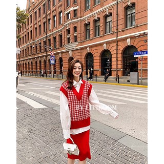 [Order] Set đồ len (áo gile + chân váy) mix sơmi trắng tay bồng