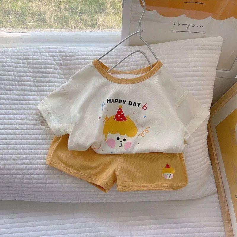 Bộ đồ 2 món gồm áo thun cotton ngắn tay + quần short mùa hè phong cách phương Tây hoạ tiết phim hoạt hình cho bé
