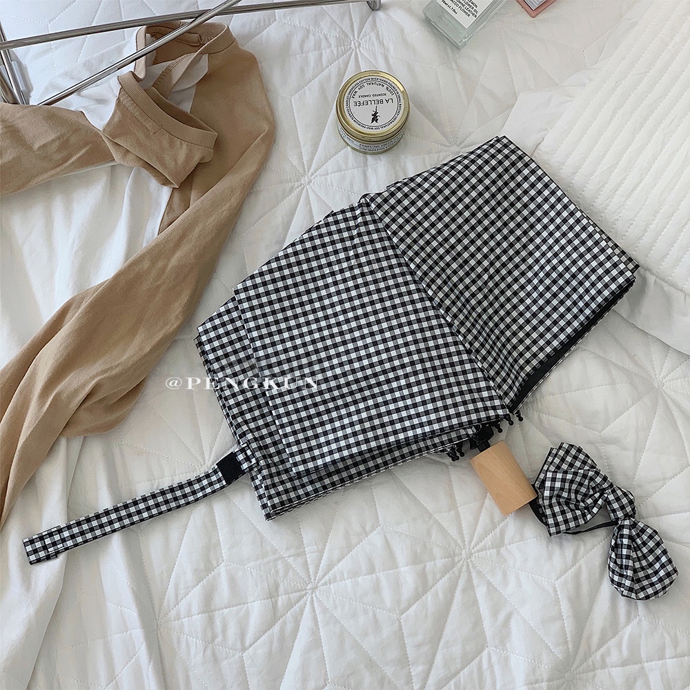 Dù Gấp Tự Động Che Nắng Mưa Họa Tiết Kẻ Sọc Màu Đen Phong Cách Hàn Quốc