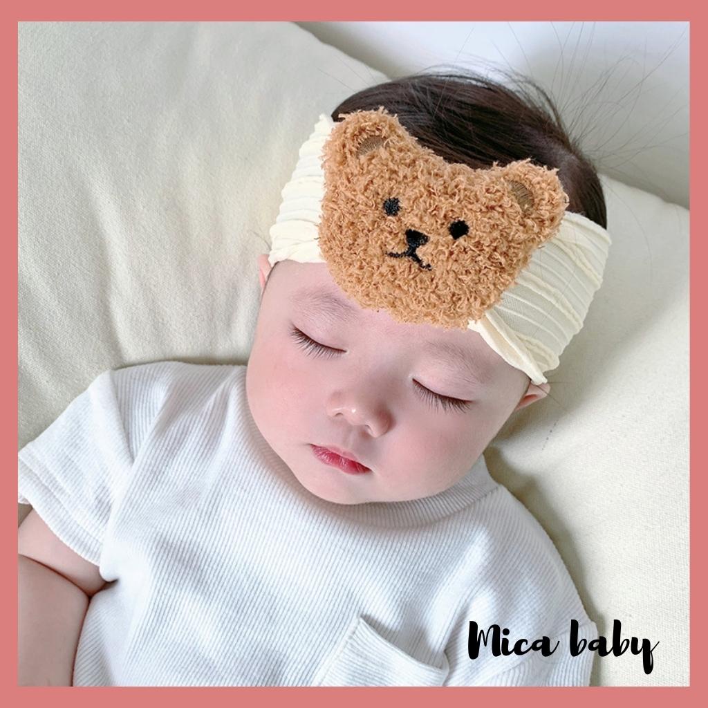 Băng đô bản to thun gân đính gấu bông xù đáng yêu cho bé BD67 Mica Baby