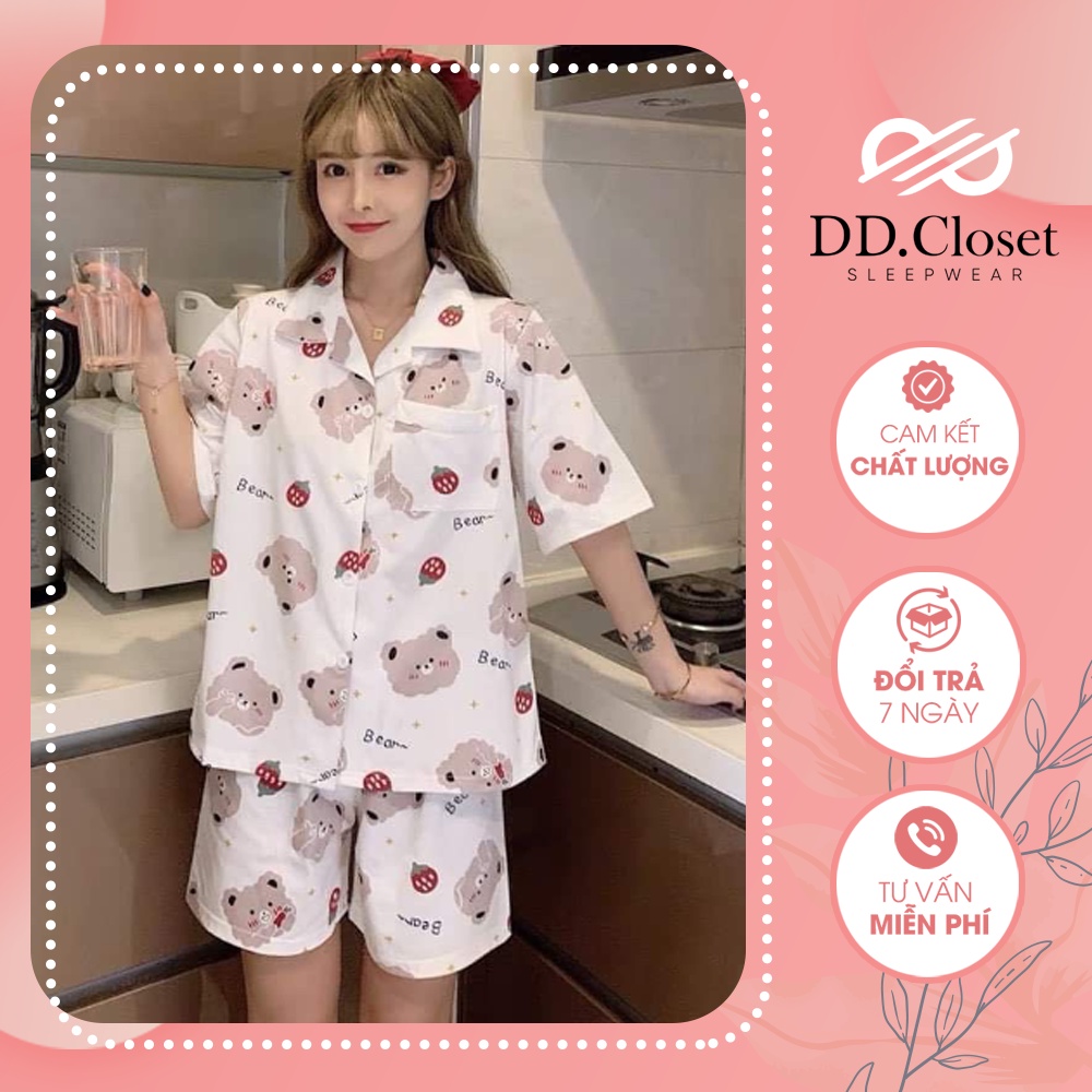 Bộ đồ ngủ pijama nữ cộc tay quần đùi chất lụa Kate Thái mềm mịn màu trắng họa tiết gấu và dâu siêu cute - CD0023