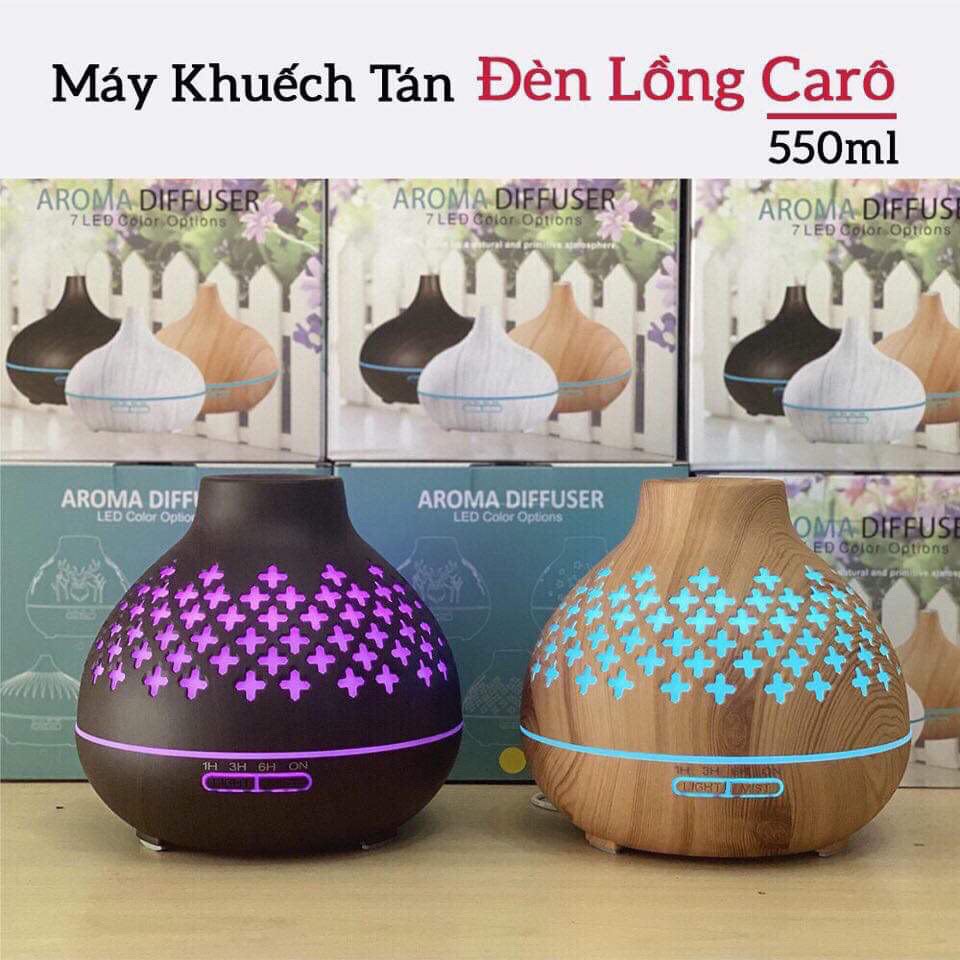 Máy khuếch tán tinh dầu,Đèn Xông tinh dầu Đèn Lồng Sọc Vân Gỗ Vàng + Đen 550ml tặng tinh dầu 10ml