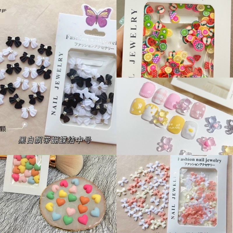 Set charm nơ, gấu, trái tim, hoa quả trang trí móng, phụ kiện nail cao cấp