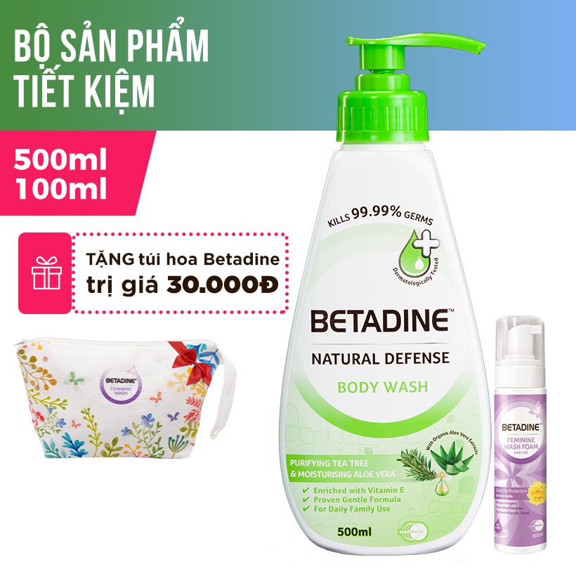 [GIẢM 30K - NHẬP MUNDI30C] Bộ sữa tắm trà xanh lô hội Betadine 500ml + Bọt vệ sinh phụ nữ Betadine 100ml (Tím)