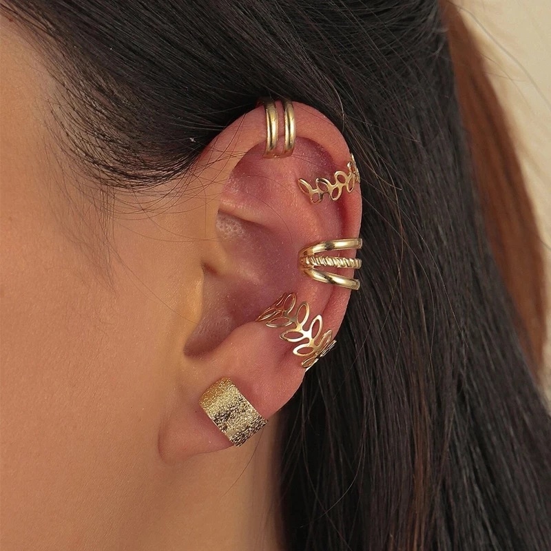 Set 5 Khuyên Tai/Kẹp Vành Tai Hình Chiếc Lá Thời Trang