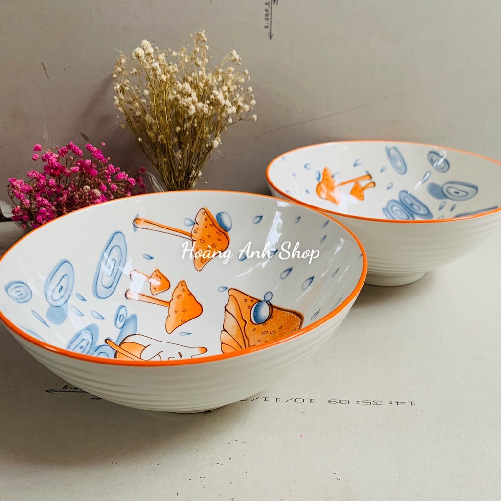 Tô Sứ Loe Đường Kính 20Cm Họa Tiết Nấm Dễ Thương Có Vân Ngoài - Đồ Sứ Decor Xinh Xắn