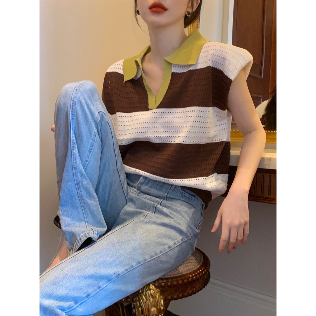 LALISAS Áo Dệt Kim Phối Màu Phong Cách Thời Trang Hàn Quốc Cho Nữ