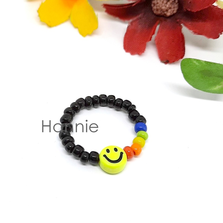 (Trắng/Đen) Set hạt cườm nhựa cầu vồng rainbow mặt cười smile handmade - Combo vòng tay nhẫn dành cho nam nữ đơn giản