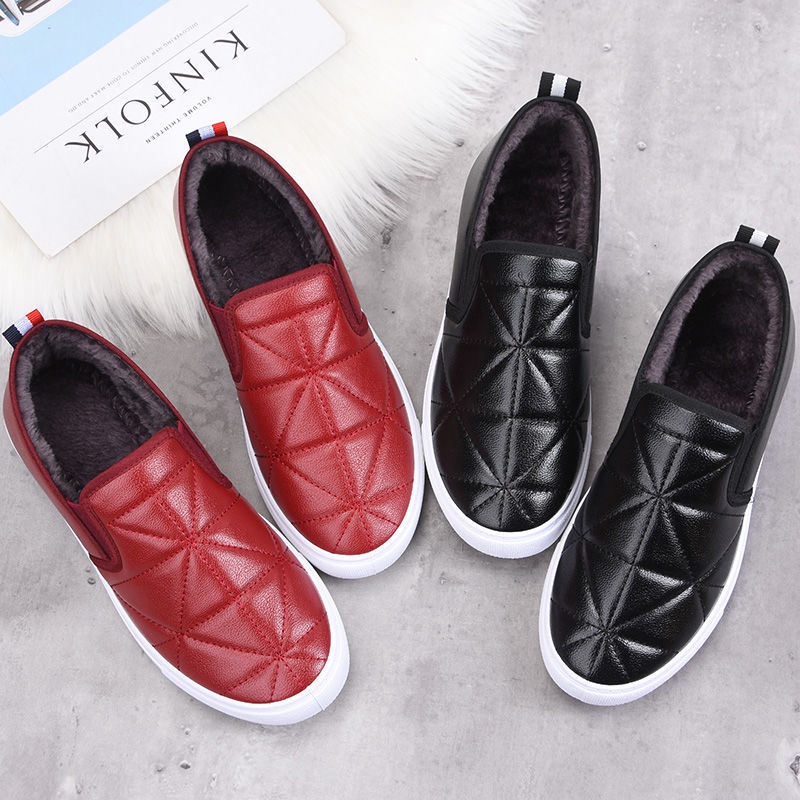 Giày lười da đệm cotton lót nhung chống thấm nước thời trang mùa đông cao cấp cho nữ
