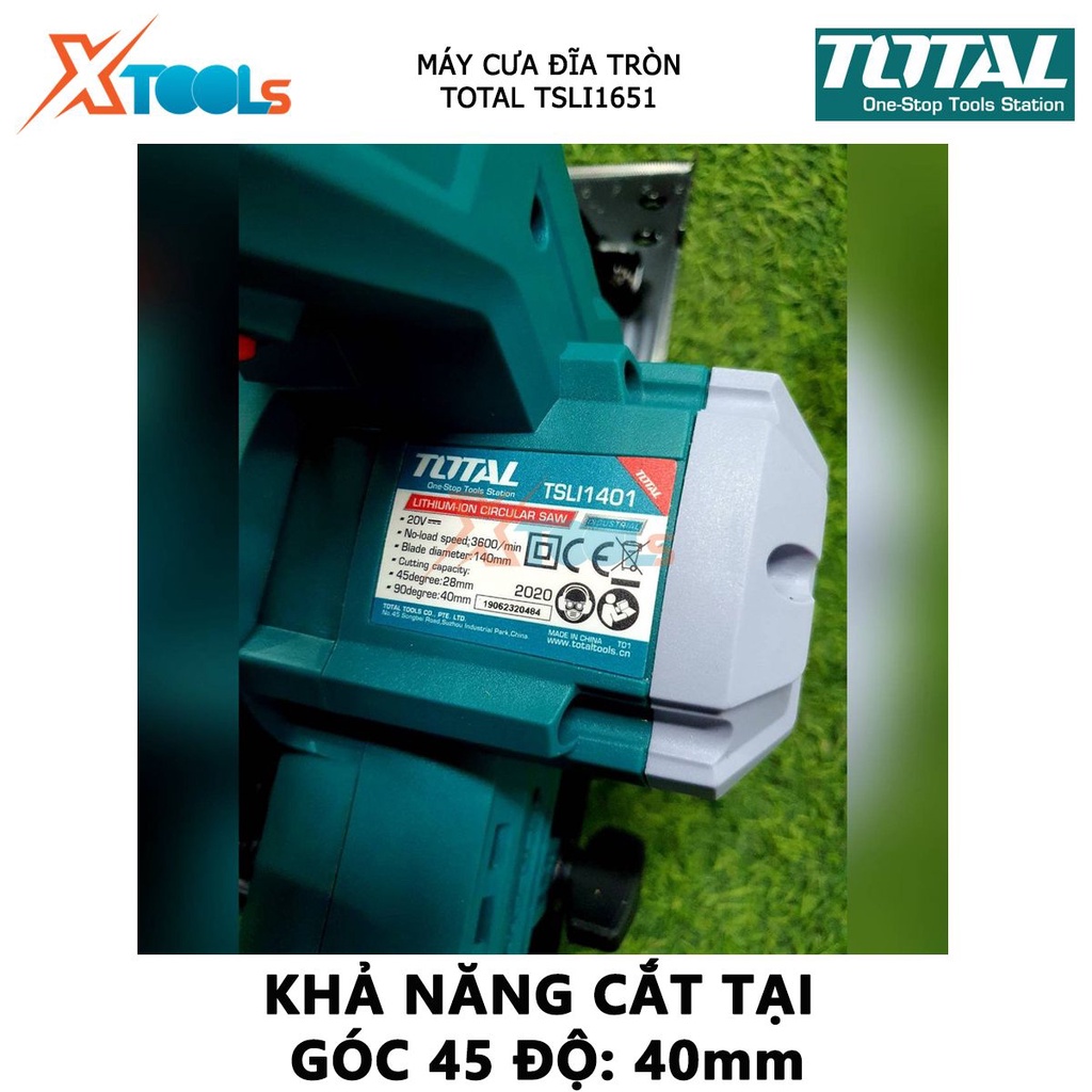 Máy cưa gỗ cầm tay dùng pin 20V TOTAL TSLI1651 Máy cưa đĩa đường kính đĩa 165mm, tốc độ 3800rpm, khả năng cắt tối đa 55m