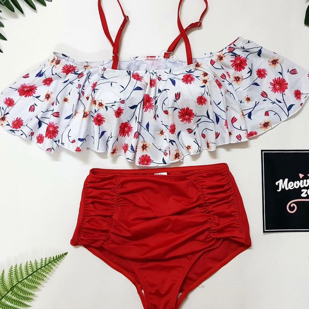 Bikini nữ thời trang, thiết kế cạp cao, trễ vai bèo nhún hot 2018