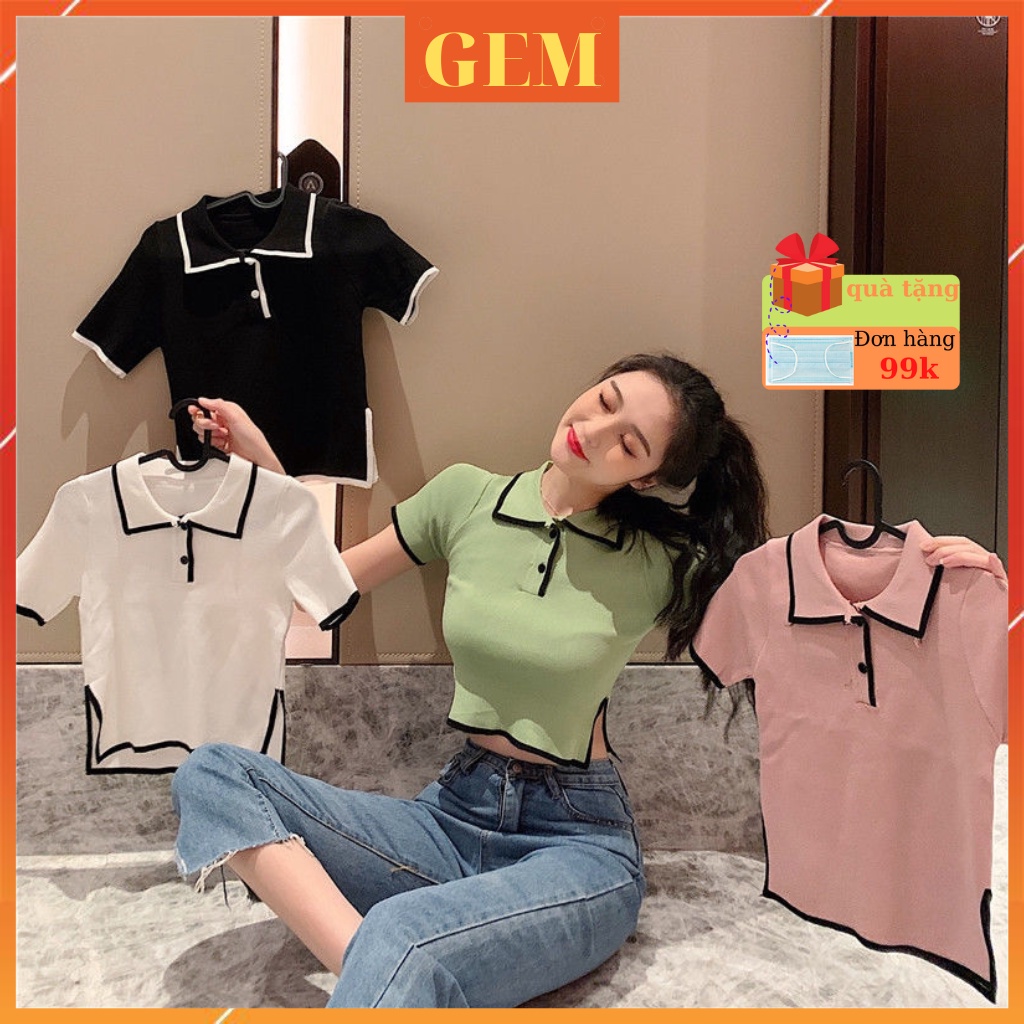 Áo croptop tay ngắn cổ polo phối viền , áo thun nữ cổ bẻ xẻ tà hông