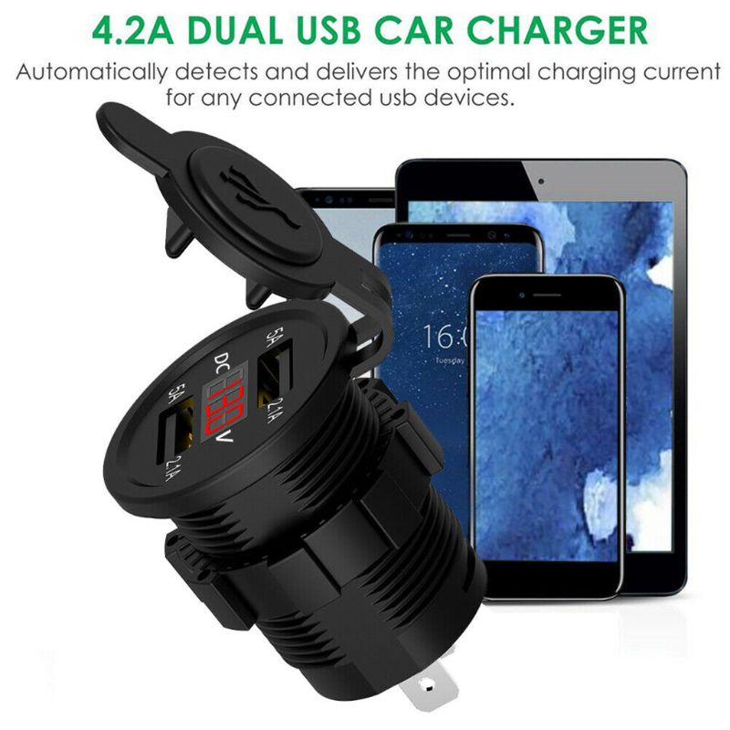 Củ sạc 5V 2.1A hai cổng USB chống nước với vôn kế hiển thị điện áp cho xe hơi/ xe máy/ tàu thuyền 12-24V