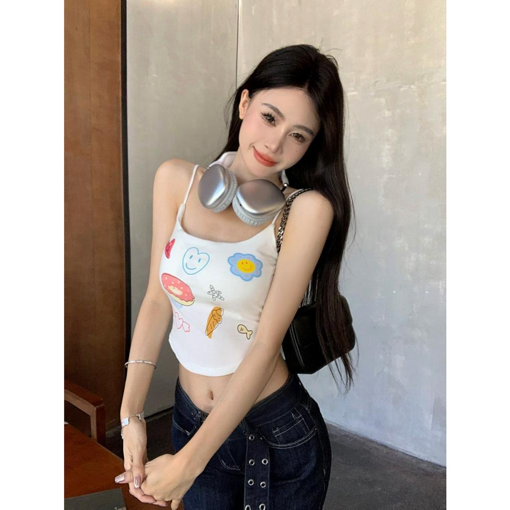 QADCOL Áo Tank Top Hai Dây Họa Tiết Graffiti Màu Trắng Có Đệm Ngực Thời Trang Mùa Hè Ngọt Ngào Cho Nữ