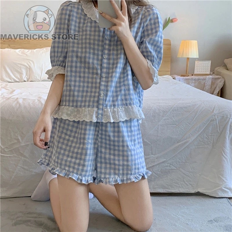 Bộ đồ ngủ hai mảnh tay ngắn họa tiết sọc caro màu xanh dương thời trang mùa hè cho nữ