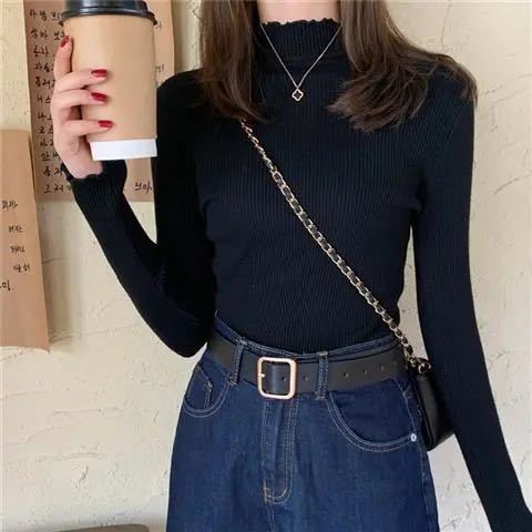 Áo Giữ Nhiệt New Slim Solid Color Half-high Collar Long-sleeved Knit Bottoming Shirt Women