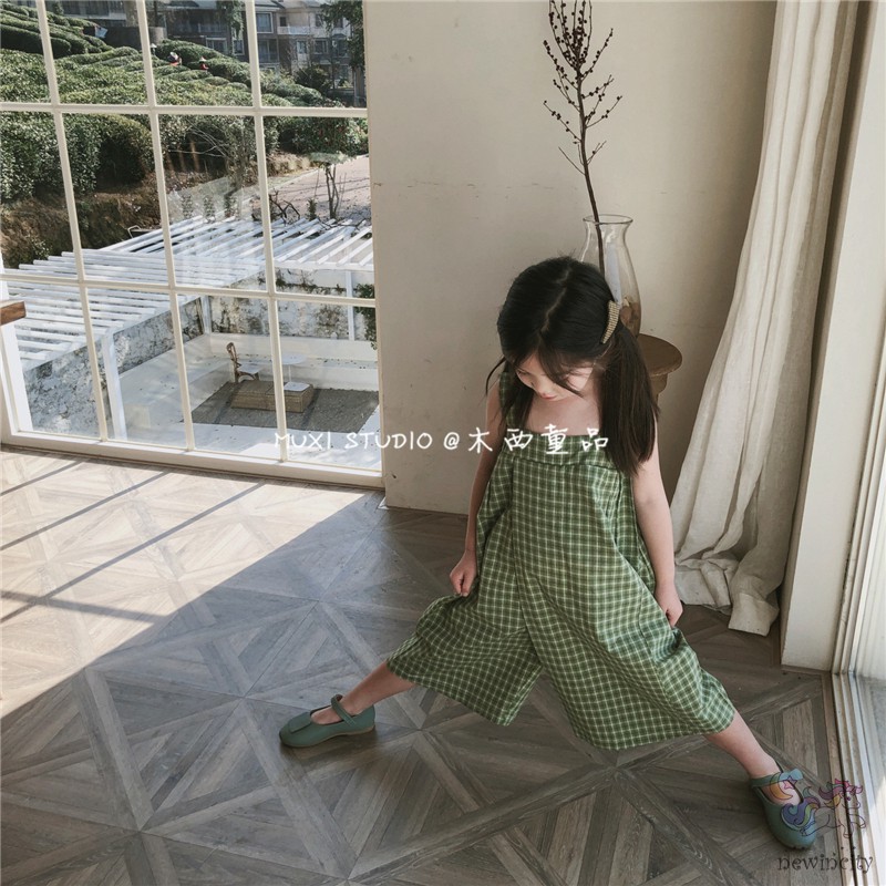 Bộ Áo Liền Quần Họa Tiết Sọc Caro Phong Cách Hàn Quốc Cho Bé Gái