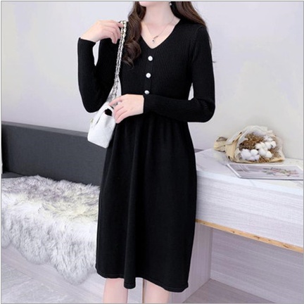 Đầm len cổ chữ v dáng dài qua gối trẻ trung mặc đi chơi, dự tiệc thời trang thu đông