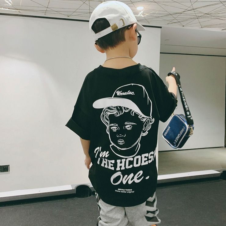 Áo thun 100% cotton tay ngắn dáng rộng in họa tiết hoạt hình phong cách Hàn Quốc thời trang cho trẻ em