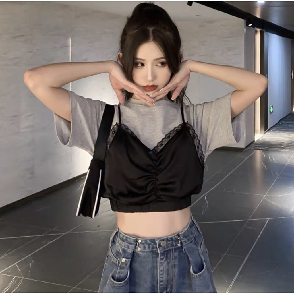 set áo cổ tròn croptop kèm áo phi ren siêu hot hjit