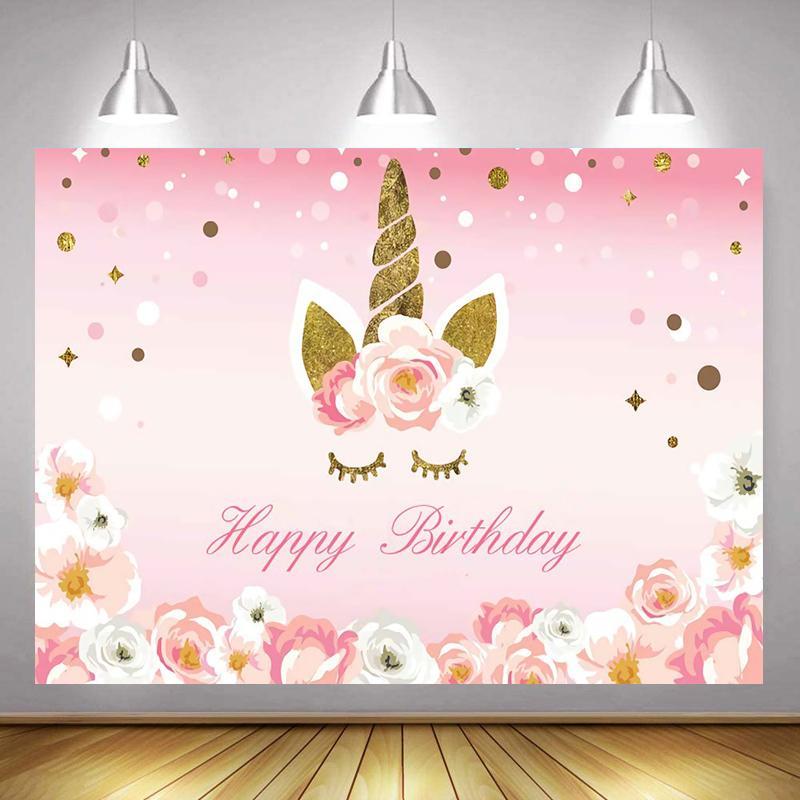 Beautiful Golden Unicorn Flowers Pink Background Girl Birthday Party Decoration Photography Studio 3D Digital Backdrop Cloth