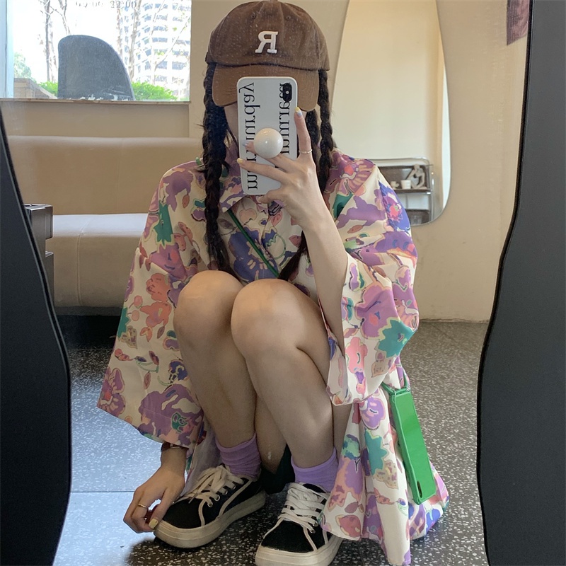 【ZHELIHANGFEI】Áo Sơ Mi Tay Ngắn Form Rộng Họa Tiết In Theo Phong Cách Retro Hợp Thời Trang