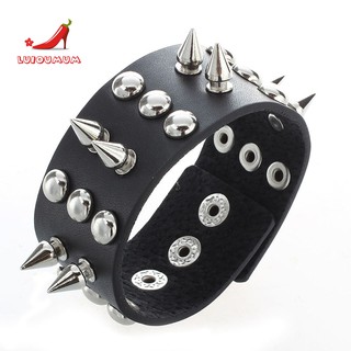 Vòng đeo tay bằng da gắn gai nhọn phong cách thời trang cho nam