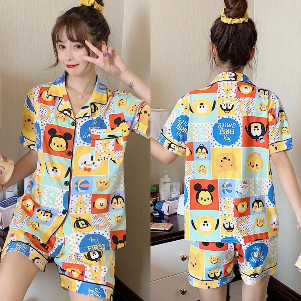 Đồ bộ Pijama quần đùi áo cộc tay hoạt hình dễ thương mặc ngủ mặc nhà cho nữ | BigBuy360 - bigbuy360.vn