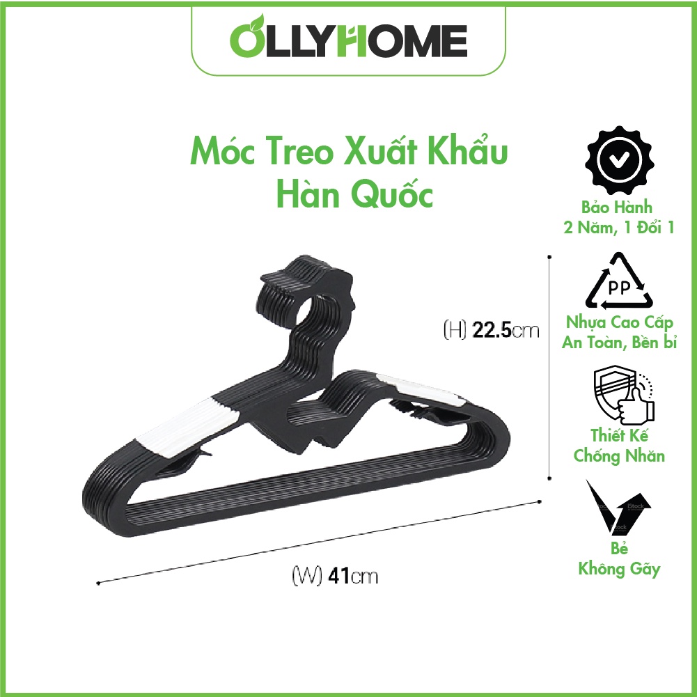 Móc treo quần áo nhựa Hàn Quốc Ollyhome, Móc phơi quần áo đa năng chống nhăn chống trượt, Móc nhựa cao cấp màu đen