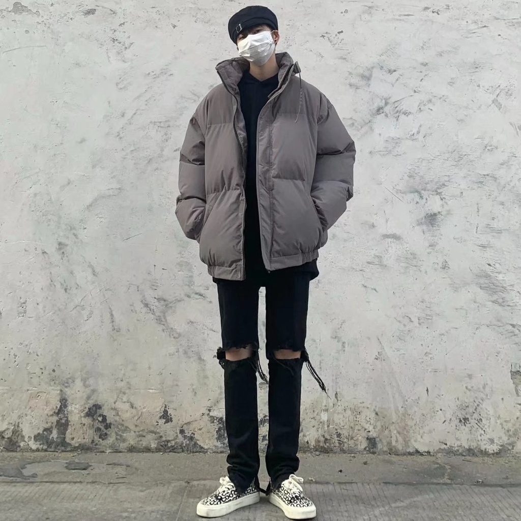 Áo phao nam hàn quốc cổ bẻ dày ấm màu đen và xám