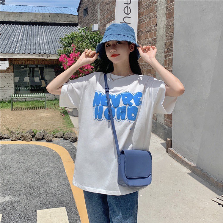 Áo thun tay ngắn cổ tròn dáng rộng in chữ thời trang mùa hè Hàn Quốc cho nữ