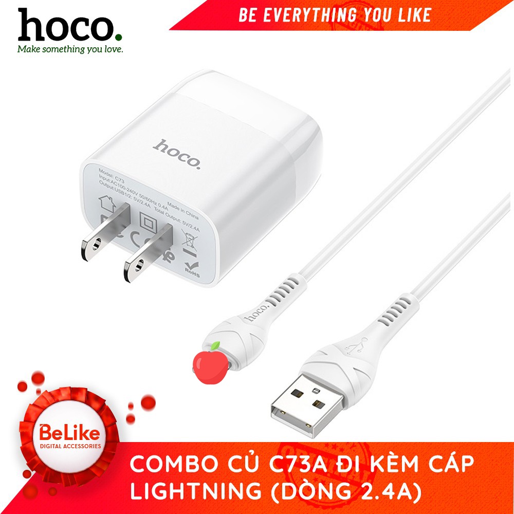 Sạc Điện Thoại Iphone &amp; Ipad Hoco C73, Sạc Nhanh 12W, Tặng Kèm Cáp Sạc Lightning - Hàng Chính Hãng