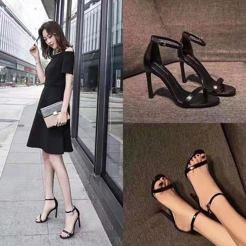 Sandal bít gót dây cài cổ da lì quai mảnh gót nhọn 9p NT siêu phẩm đẹp kiêu sa