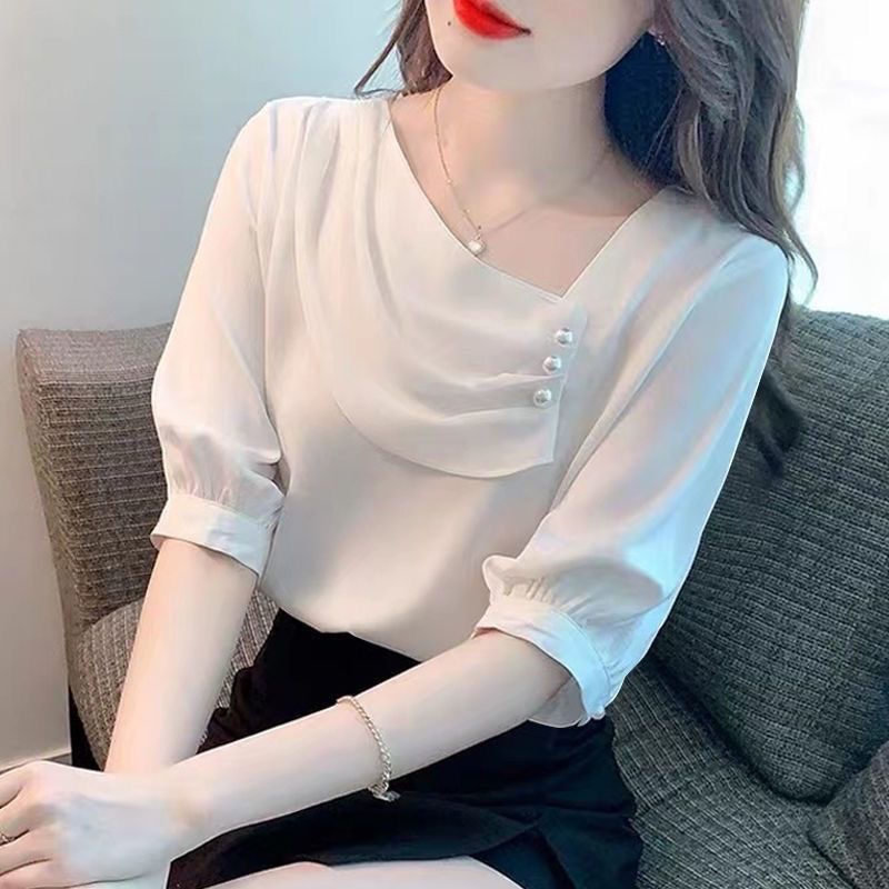 Áo chiffon thời trang hè 2022 tay ngắn dành cho nữ phong cách Pháp