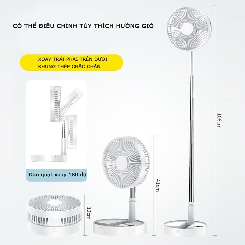 Quạt tích điện gấp gọn CAO CẤP - Quạt để bàn Foldable Fan - Xoay 180 độ, 4 chế độ gió cực mạnh (KÈM ĐIỀU KHIỂN TỪ XA)