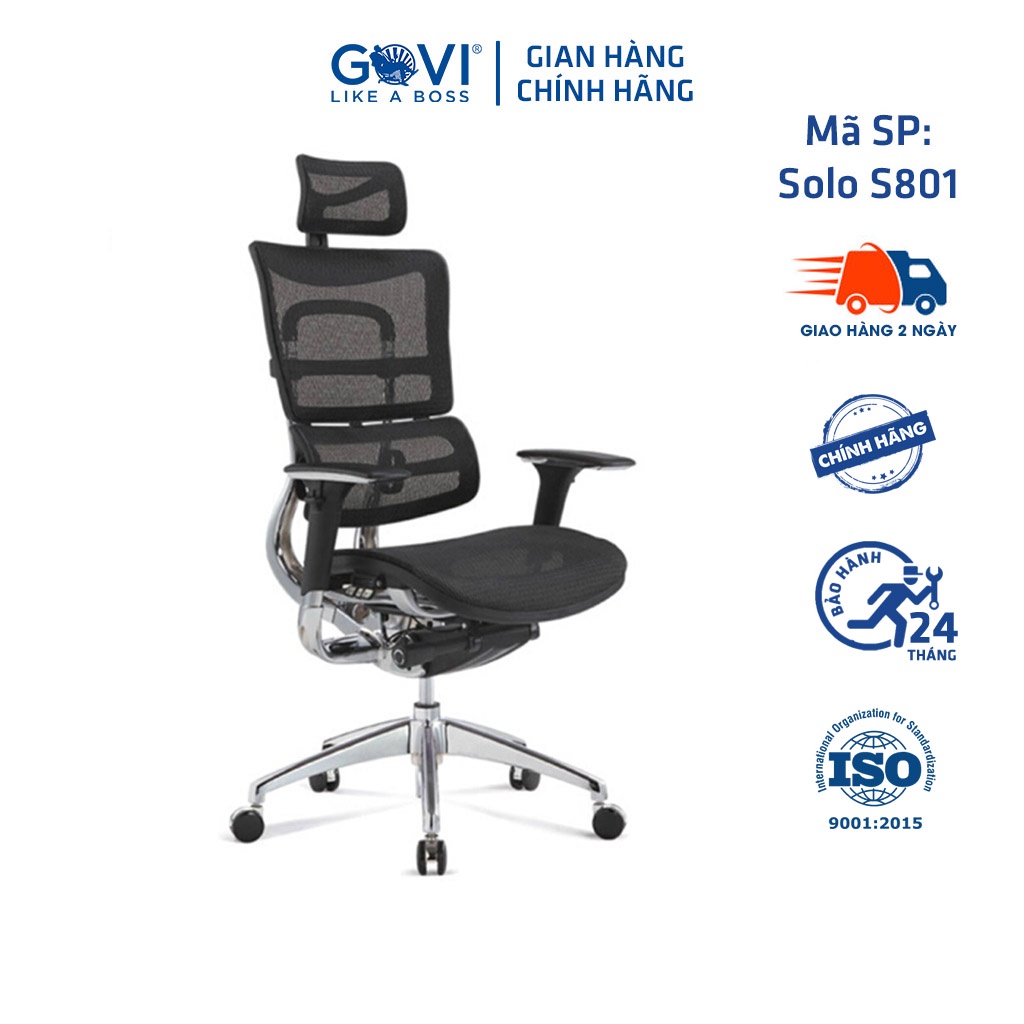 Ghế công thái học GOVI Ergonomic Solo S801 - Tựa đầu tựa tay điều chỉnh, chân hợp kim, ngả lưng khóa đồng bộ 90-135 độ