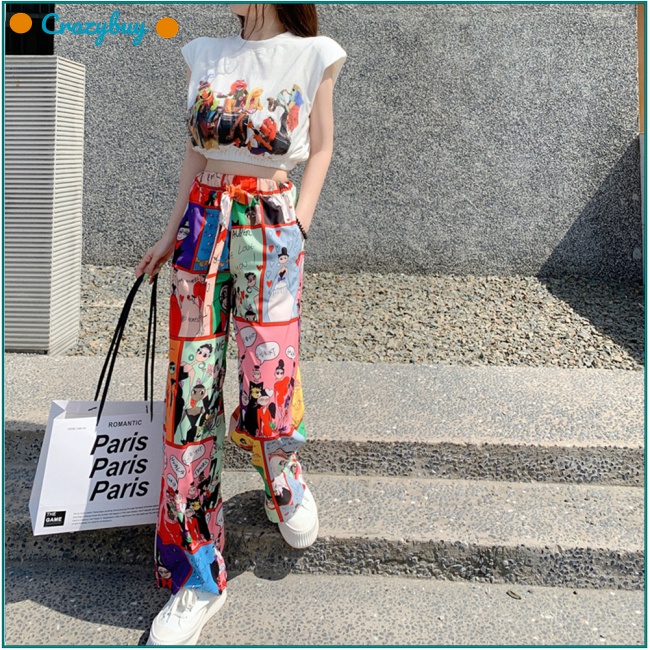 Cr Set 2 Món Áo Croptop Sát Nách + Quần Dài Ống Rộng In Họa Tiết Graffiti Thời Trang Cho Nữ